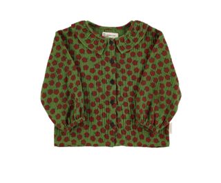 Blouse w/ round collar | Olive green w/ red apples